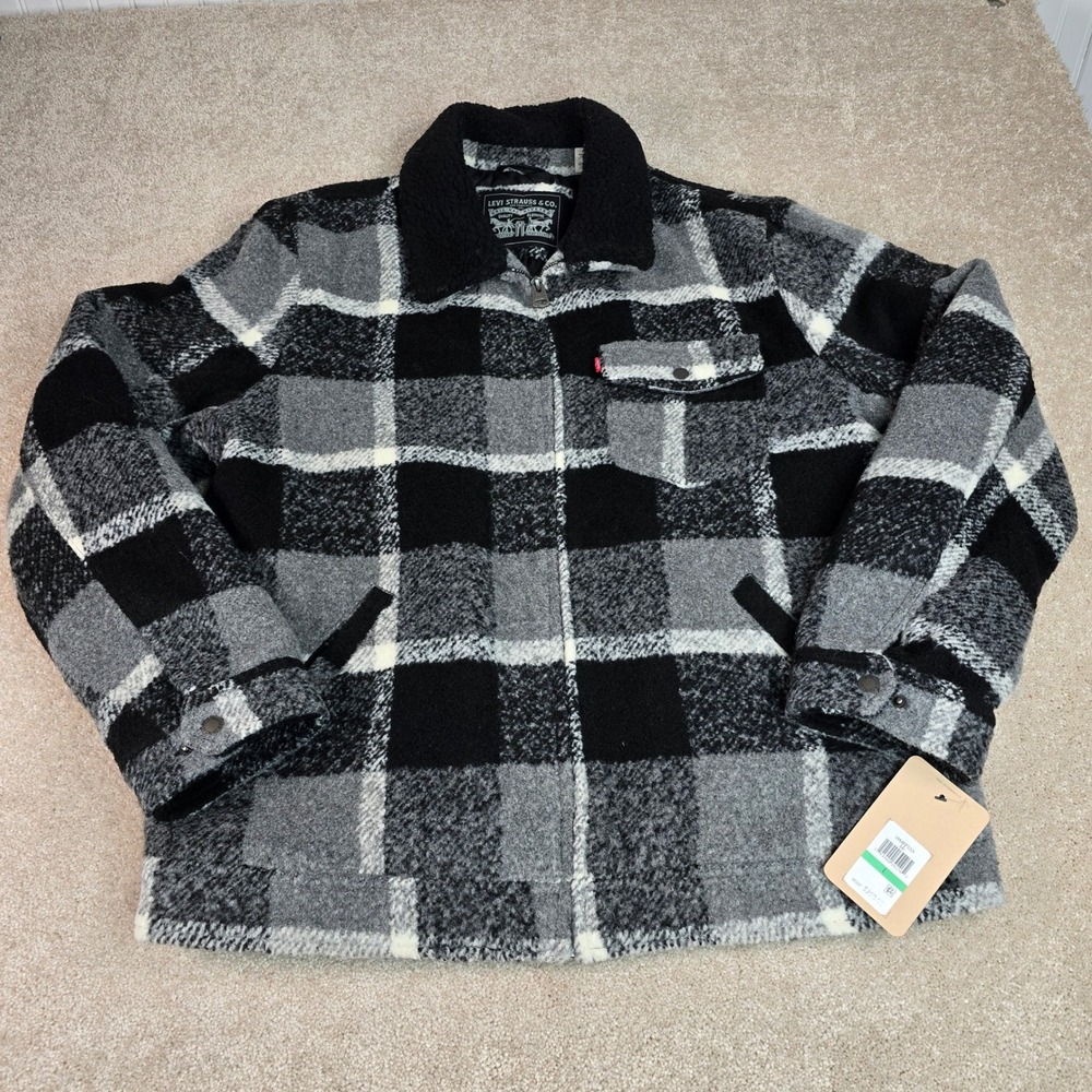 Levis Mens Plaid Sherpa Collar Trucker Jacket Black Grey LM4RP555 NEW $250